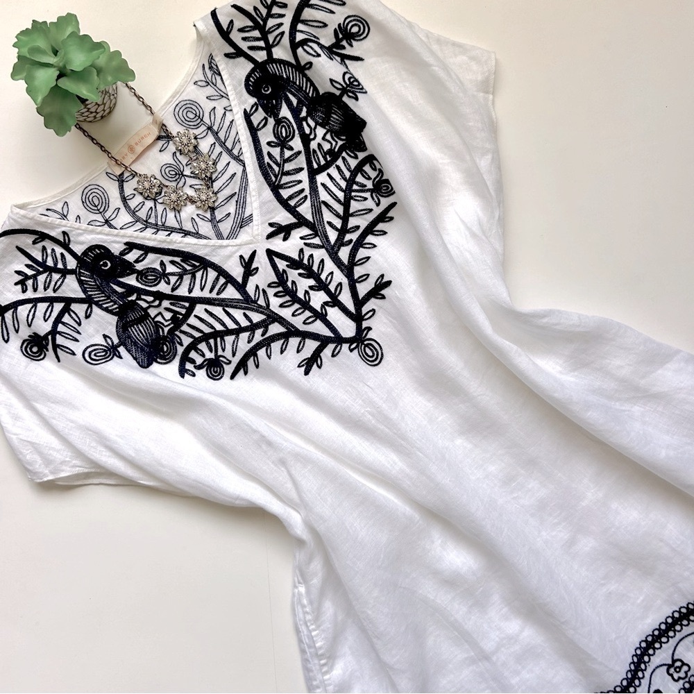 Tory Burch Embroidered Beach Caftan Cover-Up Mini Dress Navy Blue White Linen S - Picture 4 of 11
